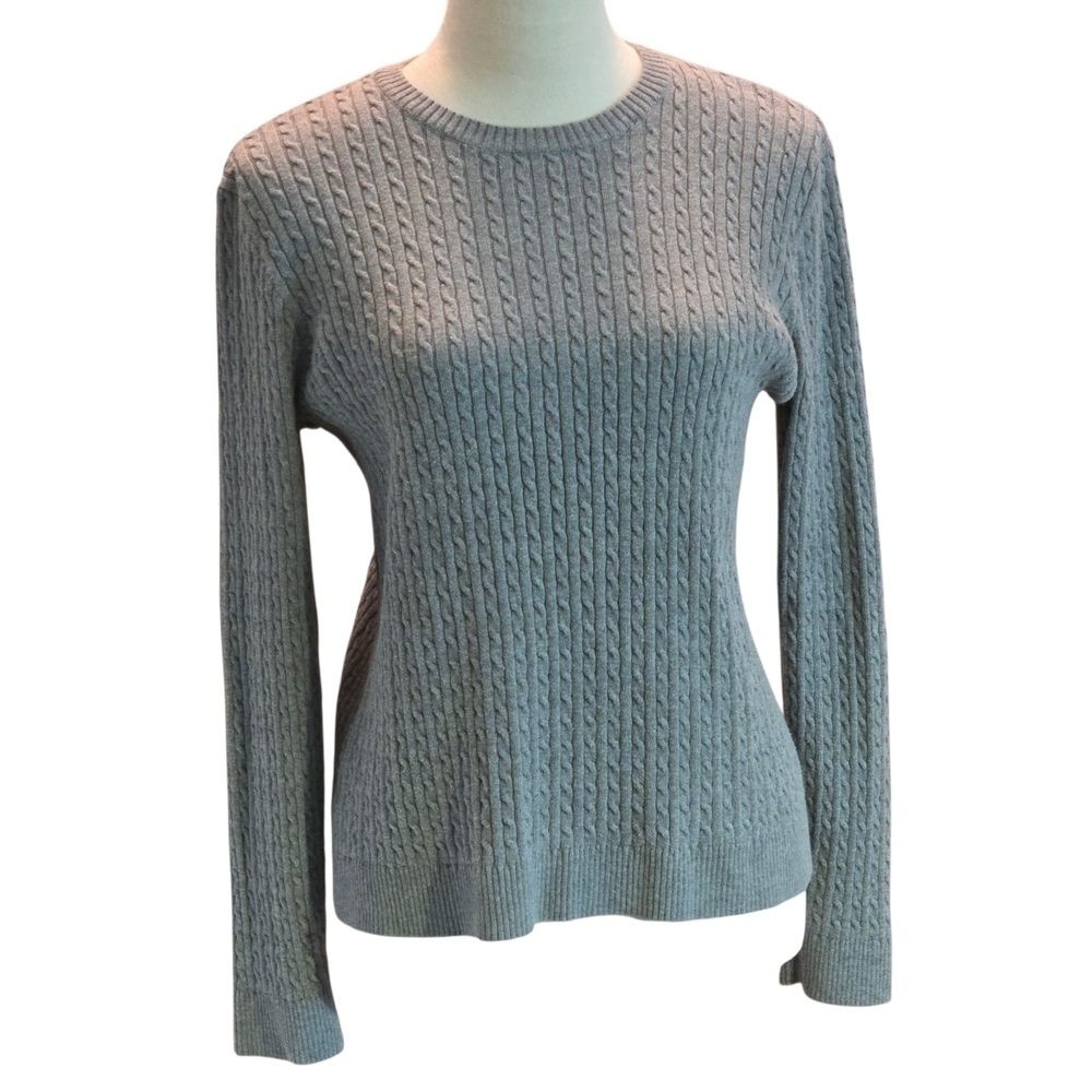 90s JEANNE PIERRE Women's L Gray Cable Knit Pullover Sweater Crew Neck